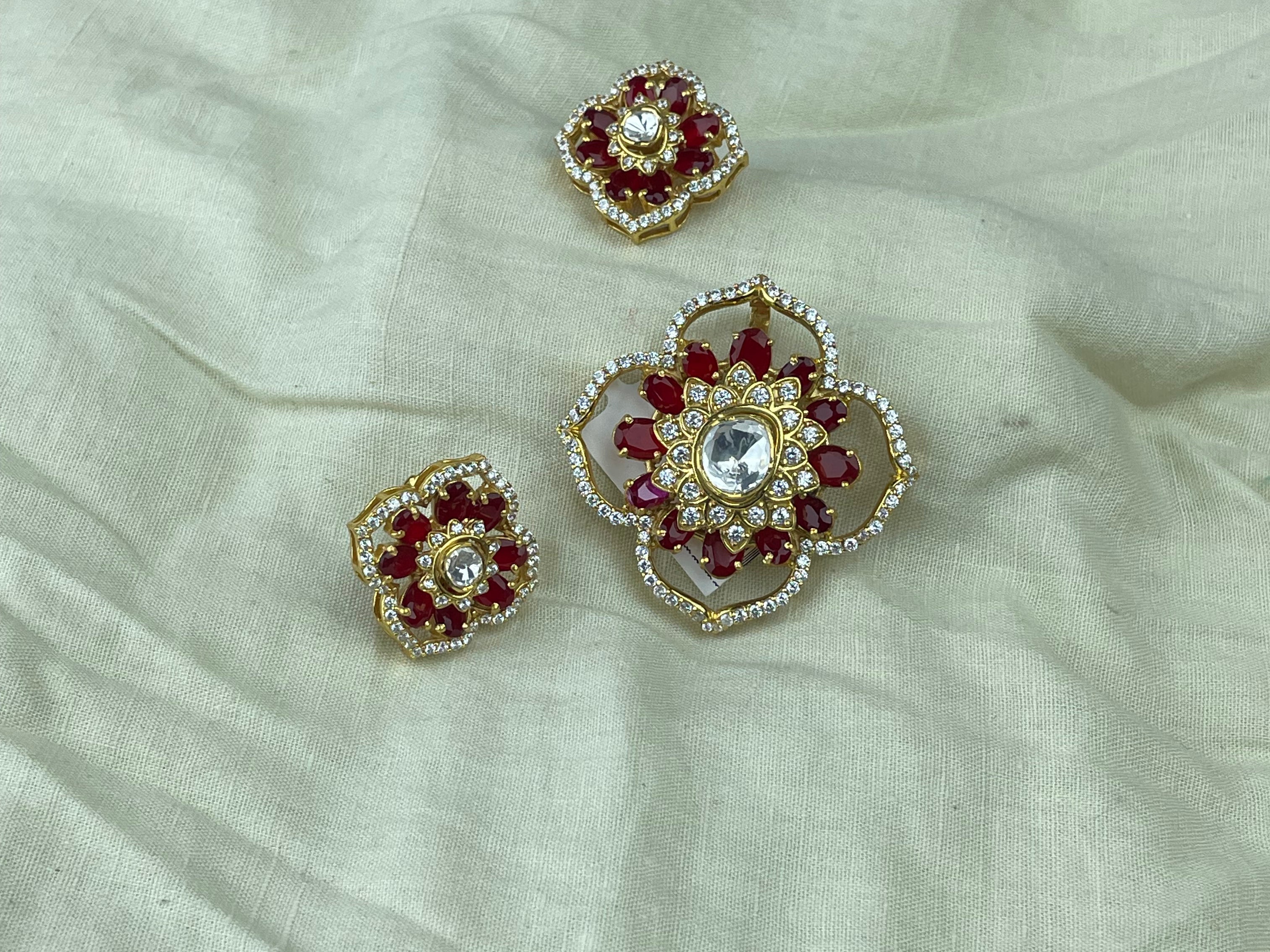 Raktima jewellery set with a coordinated floral design, clear polki stones, and gold-toned detailing.
