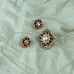 Raktima Pendant Set with deep red stones, clear polki accents, and gold-toned floral detailing.
